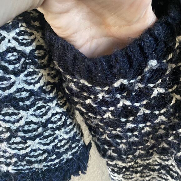 Zara Sweater CoatIigan Blue White Oversized Jacquard Fringe Open Duster boho - Picture 6 of 12